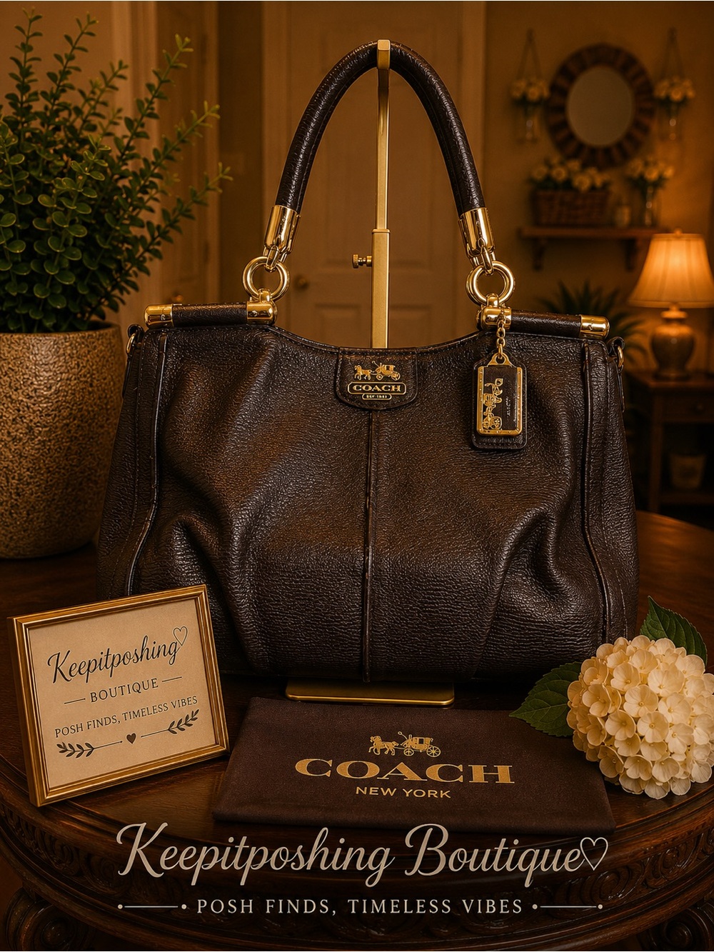 Coach Brown Leather Shoulder Bag with Gold Unique Hangtag